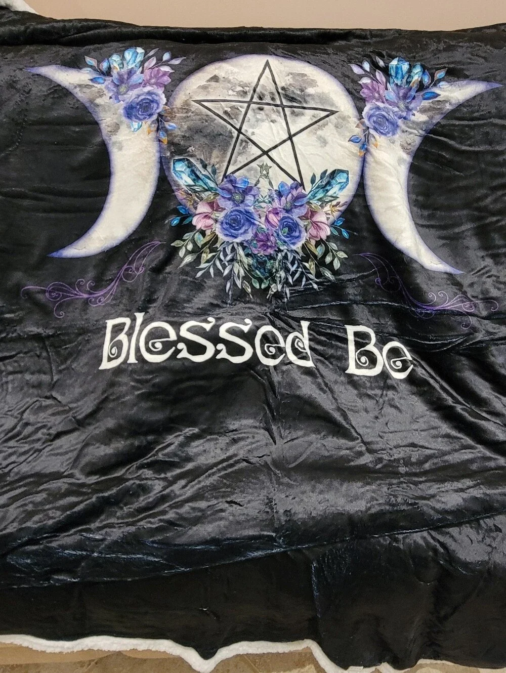 Blessed Be Triple Moon Floral Throw Blanket - Black and Purple